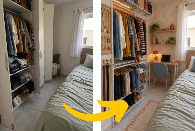 Antes e depois de um quarto que ganhou um closet
